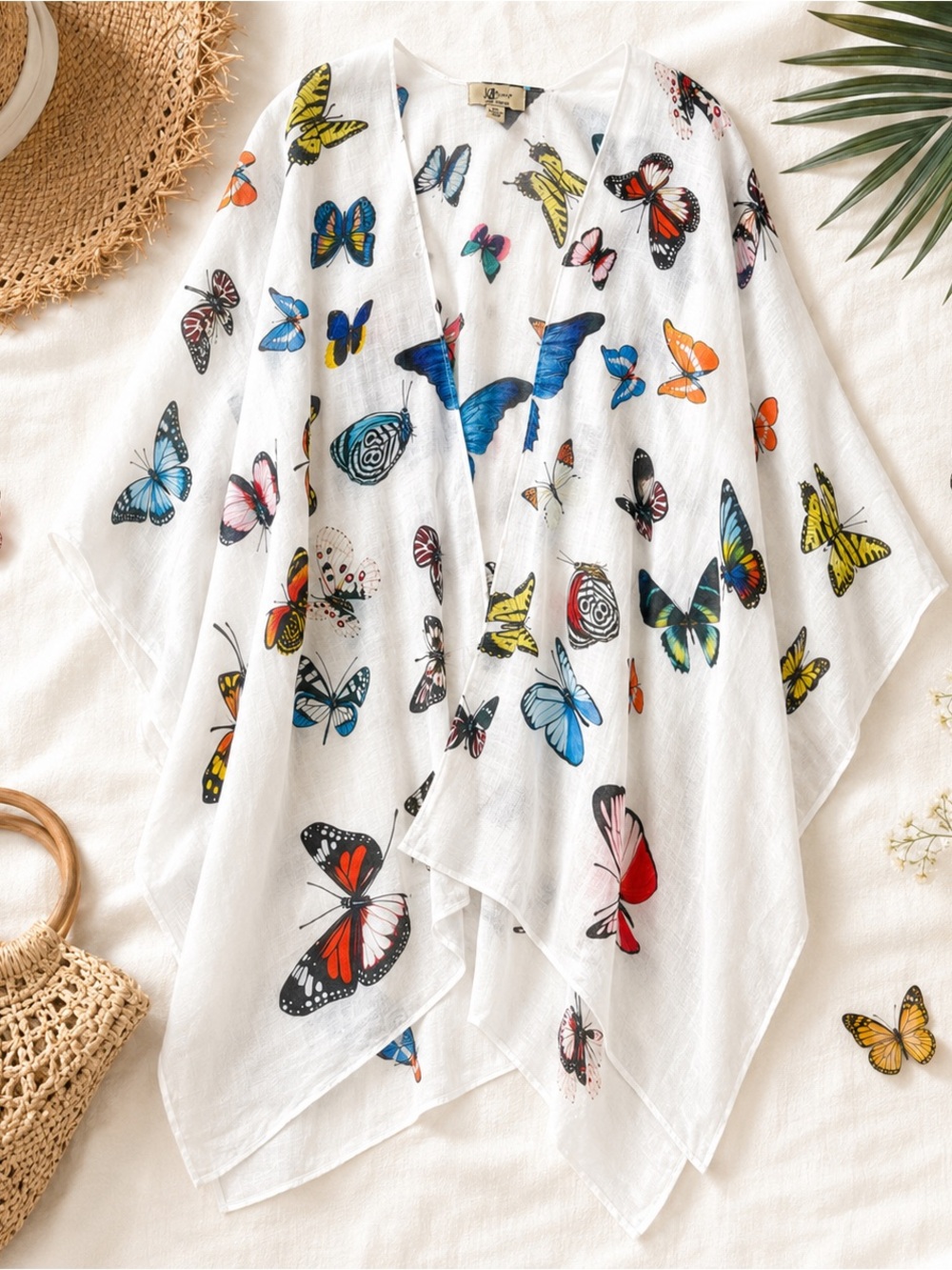 Butterfly Print Whimsi Cotton Kimono Cover Up White Sheer Beach  Fairycore OS